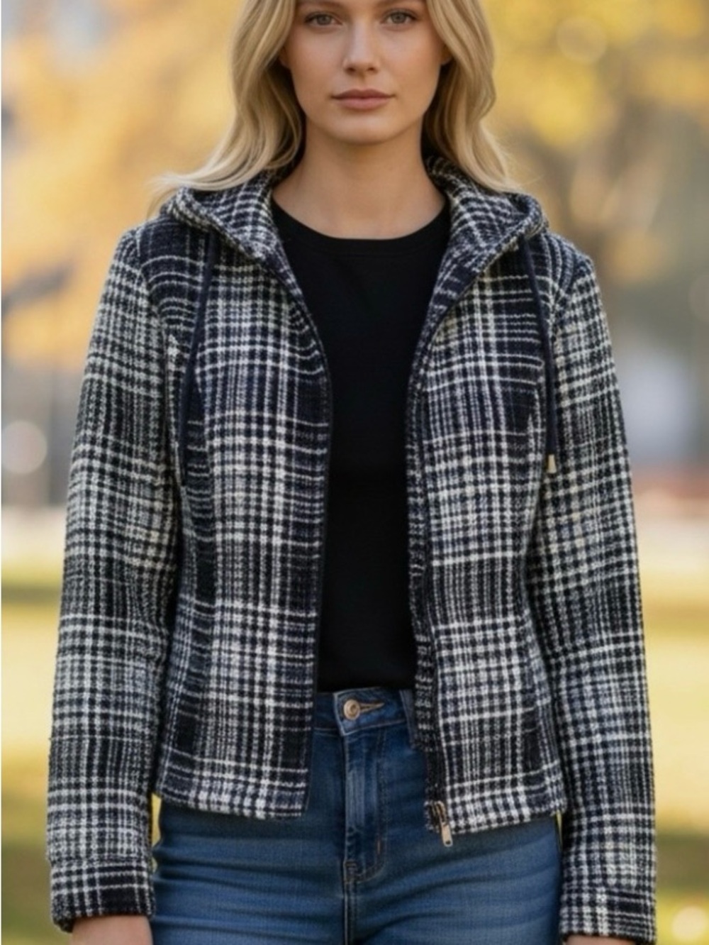 Christopher & Banks Women’s Blue Waffle Plaid Jacket Full Zip Size Med